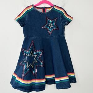 MINI BODEN Dress Girls Size 5-6Y Denim Rainbow Sequin Retro Skater Stars Unique